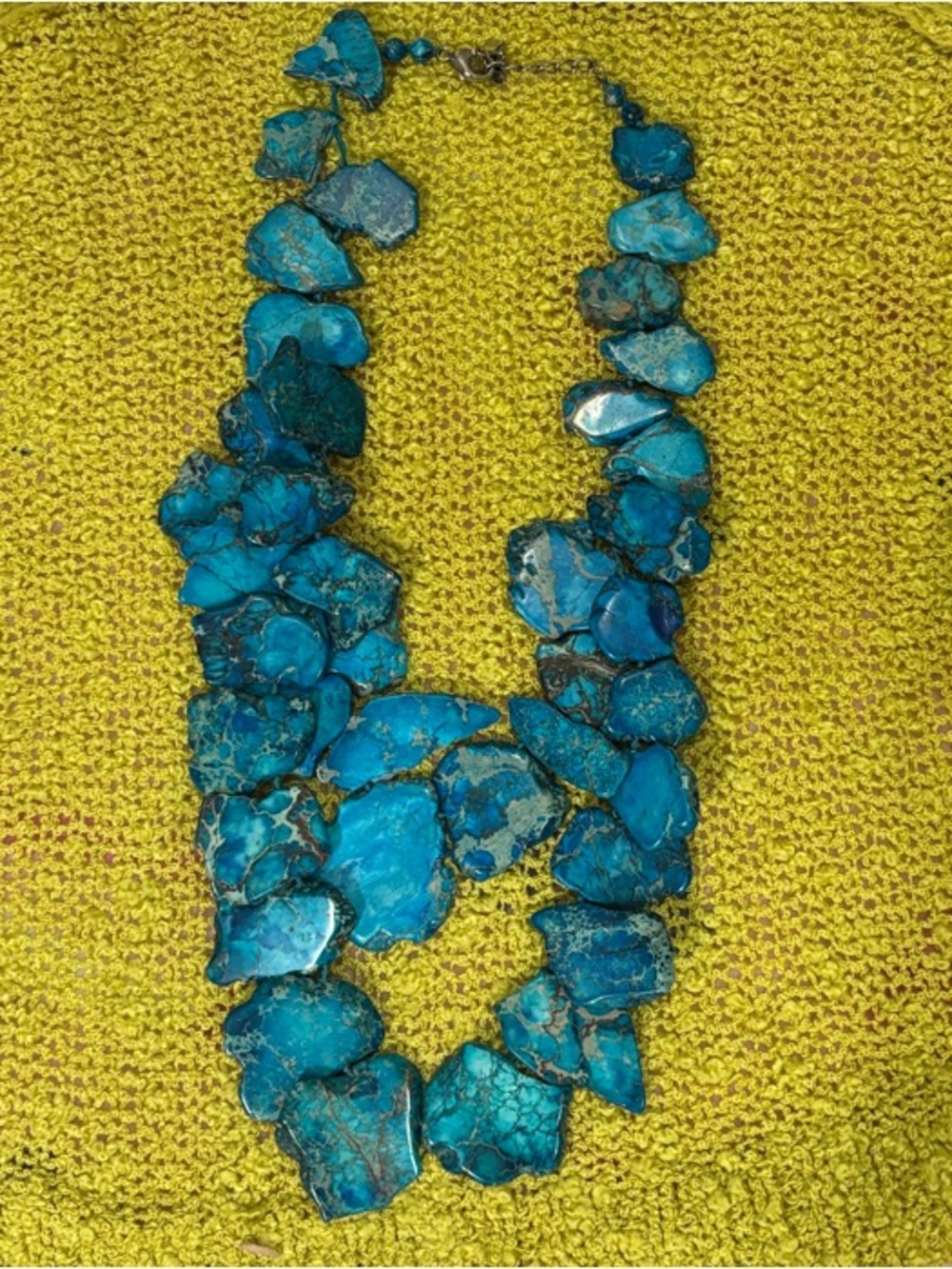 Turquoise Statement Stone Necklace on Yellow Knit Top